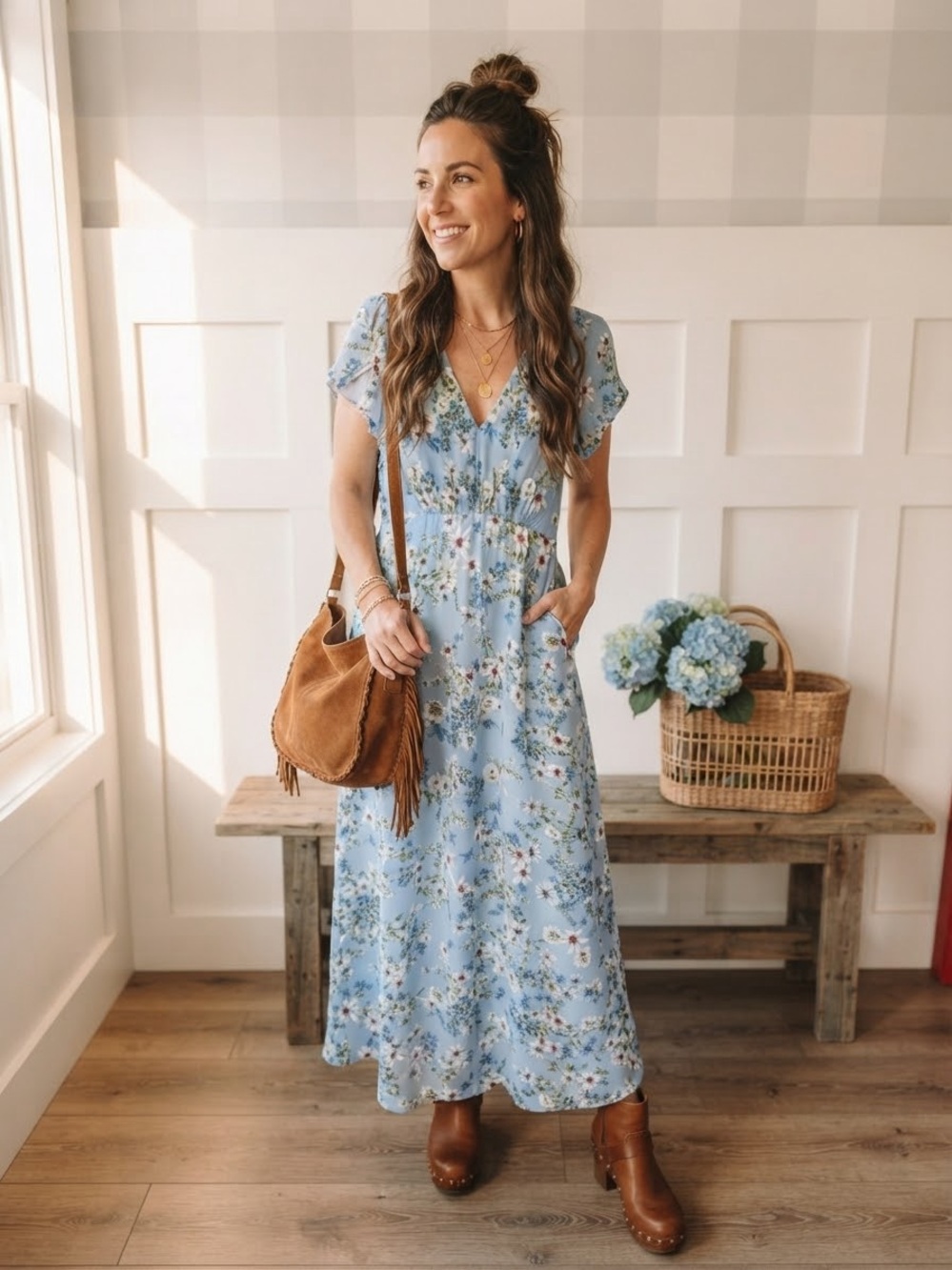 Banana Republic Sky Blue Floral V-Neck Maxi Dress 12